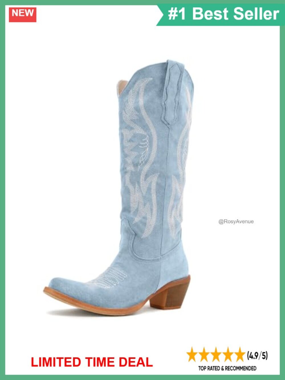 Faux Suede Mid Calf Western Cowboy Boots Almond Toe Pull On Block Heel